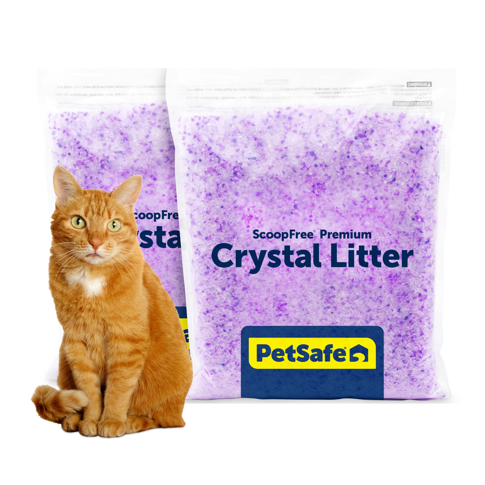 PetSafe ScoopFree Premium Crystal Litter packaging highlights odor-control benefits.