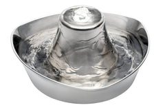 PetSafe Seaside fountain front view, sleek stainless steel and dual drinking angles for pets.