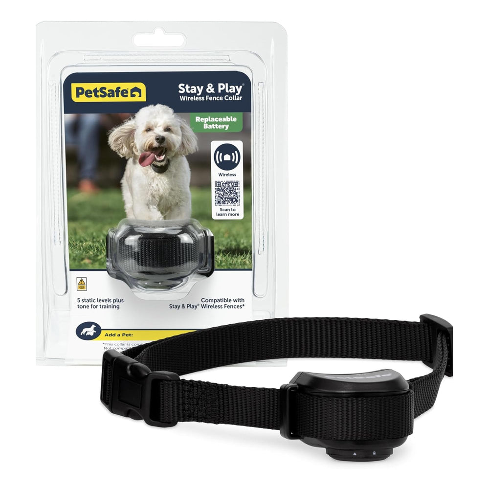 PetSafe Stay & Play waterproof receiver collar shown on a dog for outdoor use.