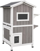 PetsCosset outdoor cat shelter with a two-story layout for versatile feeding and resting areas.