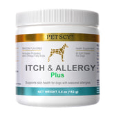 Petscy Itch & Allergy Plus dog chews bottle shown, supporting skin comfort and overall wellbeing.