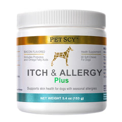 Petscy Itch & Allergy Plus dog chews bottle shown, supporting skin comfort and overall wellbeing.
