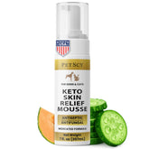 Petscy Keto Skin Relief Mousse bottle front highlights fast-drying, no-rinse formula.