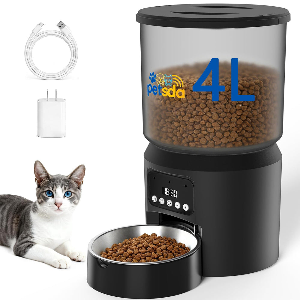 PETSDA automatic cat feeder front view showing compact, user-friendly design for meals.