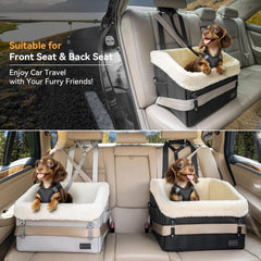 PETSFIT car seat showcases patented safety buckles for secure travel.