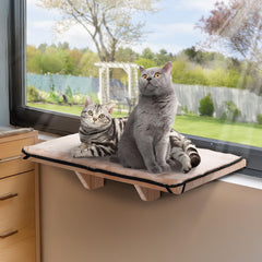 PETSFIT cat window perch assembly shows a secure setup for two cats basking in sunlight.