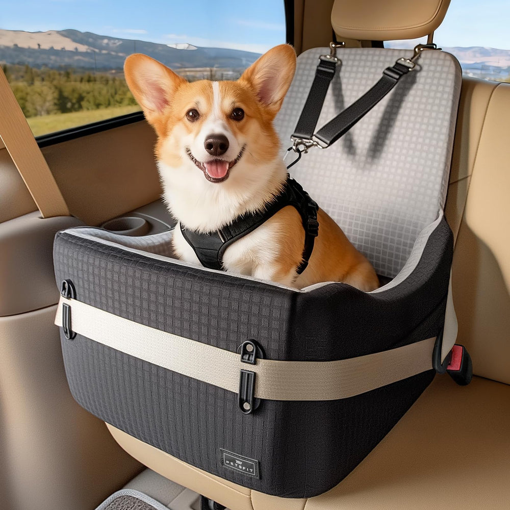 Petsfit dog car seat showing safety buckles securing the seat for safer trips.