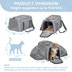 Petsfit soft-sided pet carrier with plush pad provides cozy resting area.