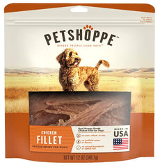PetShoppe premium chicken fillet treats in bag, USA-sourced protein.