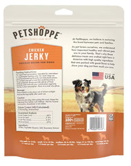 PetShoppe Premium Chicken Jerky lean chicken breast detail emphasizes high-protein treat.