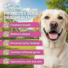 PetSilver label highlights patented chelated-silver ingredient for dental support.