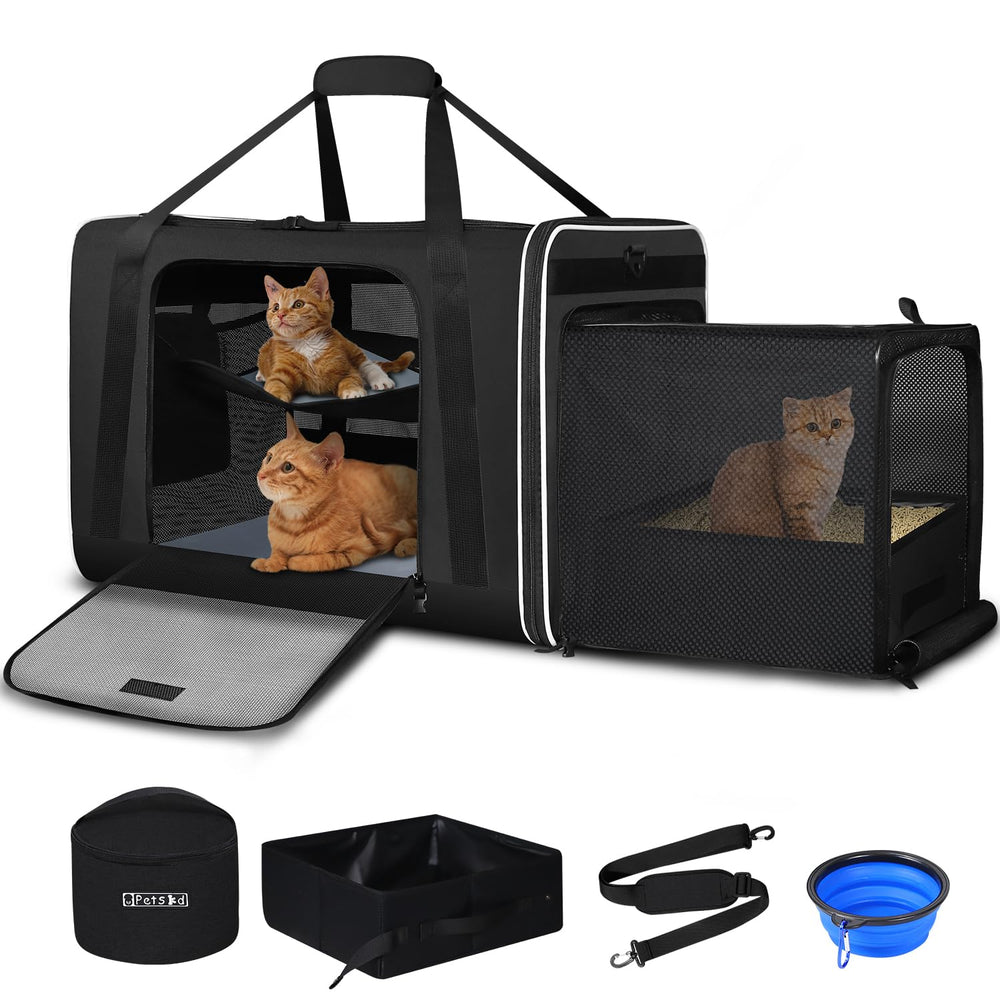Petskd side-expandable cat carrier, closed view, sturdy for traveling with large cats.