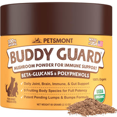 Petsmont Buddy Guard packaging front promoting immune support for dogs and cats.