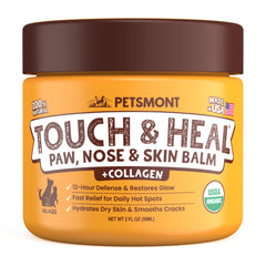Petsmont dog paw balm jar shows organic formula for dry, cracked paws that soften