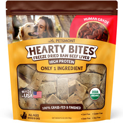 Petsmont Hearty Bites beef liver cubes for dogs, high-protein training rewards.