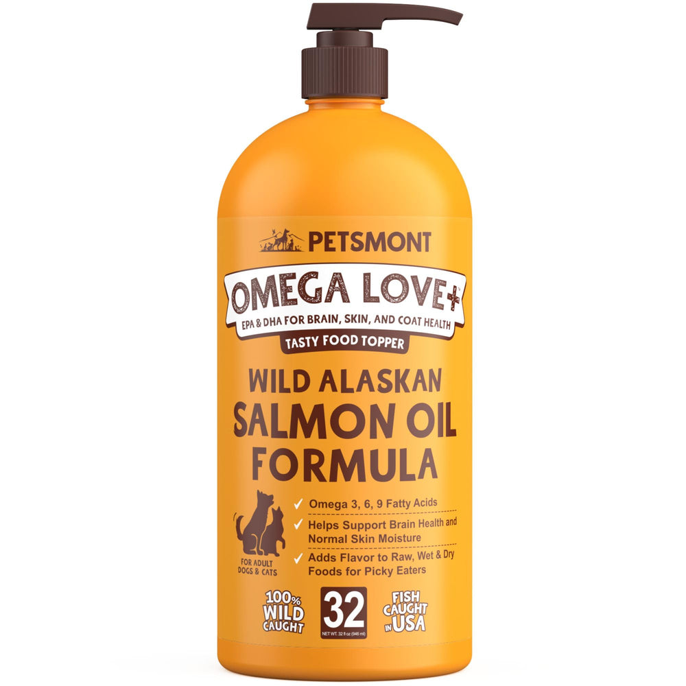 Petsmont Omega Love+ wild Alaskan salmon oil bottle with pump for easy dosing on dog food