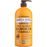 Petsmont Omega Love+ wild Alaskan salmon oil bottle with pump for easy dosing on dog food