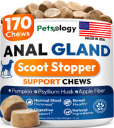 Petsology Anal Gland Support Chews front-pack; highlights brand and product for gut health.