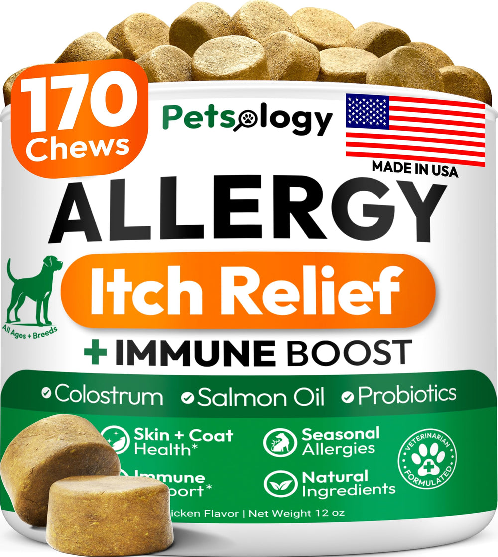 Petsology Dog Allergy Relief Chews bottle, easy dosing and storage.