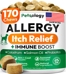 Petsology Dog Allergy Relief Chews label view highlighting branding and product purpose