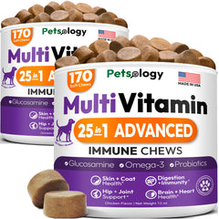 Petsology dog multivitamin chewables bottle front shows potential joint support