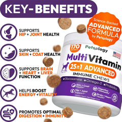Petsology dog multivitamin chewables bottle side highlights immune support possibilities