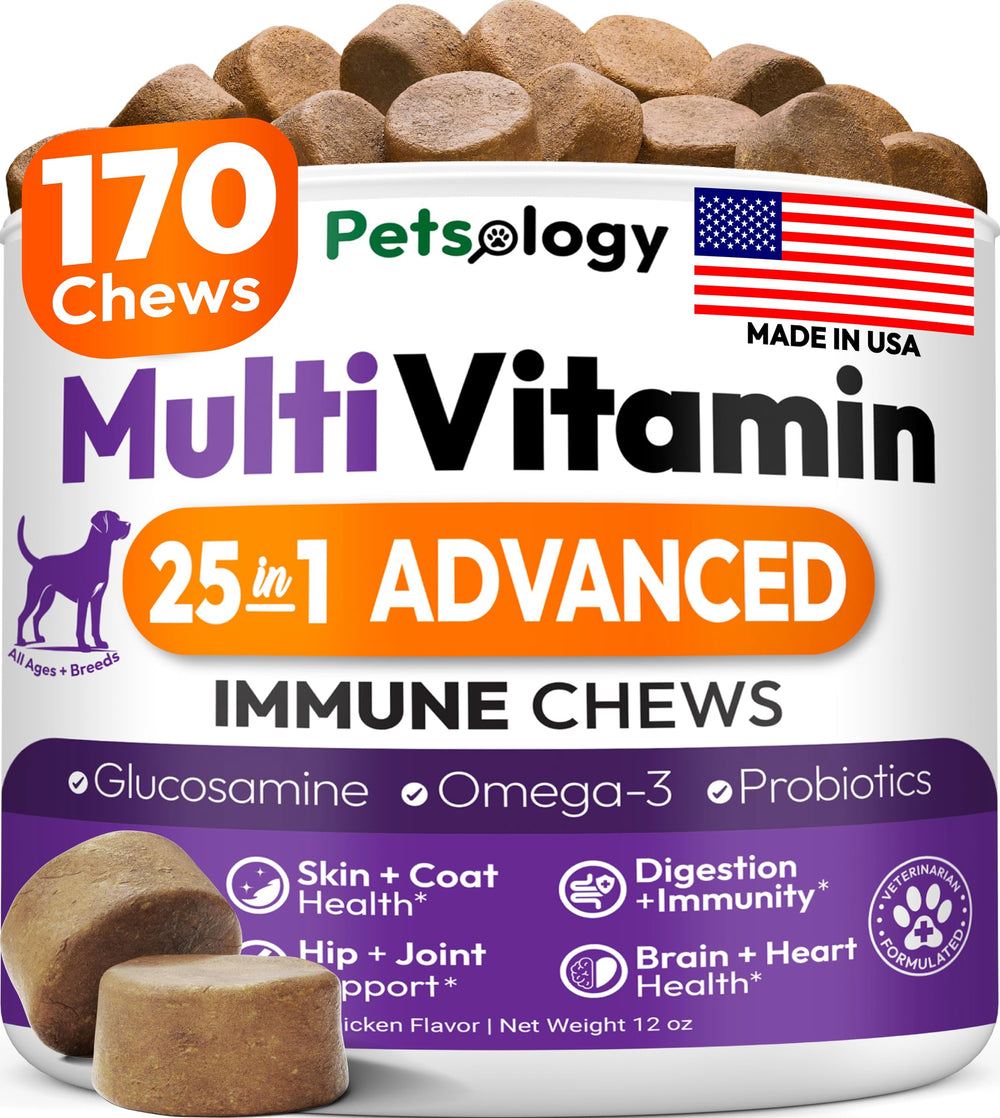Petsology dog multivitamin chewable bottle closeup for joint and immune support