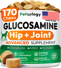 Petsology Glucosamine for Dogs bottle close-up showing joint support for active pets.