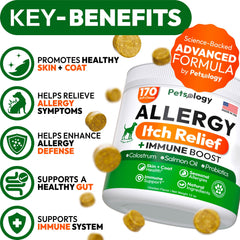 Petsology Omega-3 fish oil and probiotics support skin health and immunity.