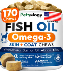 Petsology Omega 3 for Dogs chews in bottle promote healthy skin and coat.