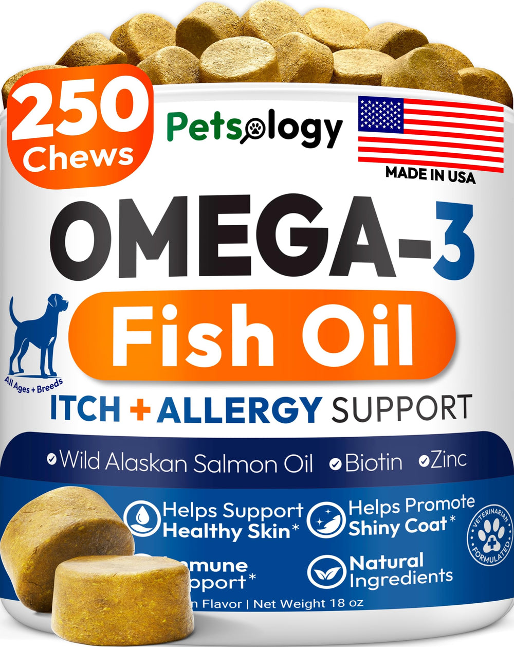 Petsology Omega 3 for Dogs bottle-front shows premium chews for skin and coat support