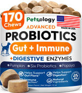 Petsology Probiotics for Dogs bottle front promoting gut balance and gentle digestion.