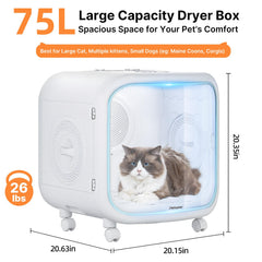 Petsuper 75L interior view shows 16 bottom vents and cocoon airflow for even drying