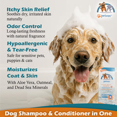 Petsus Deodorizing coat wash gloss shows hydrated skin and softer fur.