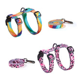 PetThem cat harness in yellow and pink worn for secure, comfortable walking