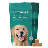 PetThrive dog hip joint soft chews bacon flavor bottle highlights mobility.