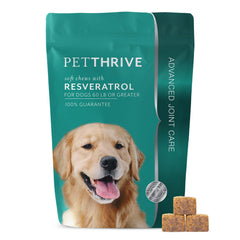 PetThrive dog hip joint soft chews bacon flavor bottle highlights mobility.