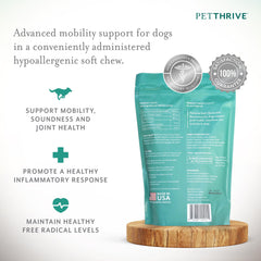 PetThrive dog hip joint soft chews bacon flavor closeup shows tasty support.