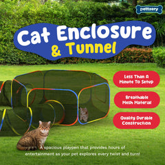 Pettzery cat tent tunnel entrance shows breathable mesh for airflow and visibility.