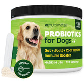 Pet Ultimates Pet Probiotics tub close-up showing gut health support for dogs.