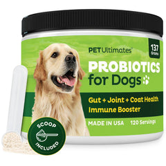 Pet Ultimates Pet Probiotics tub close-up showing gut health support for dogs.