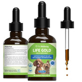 Pet Wellbeing Life Gold dog bottle label ready to support daily immune health.
