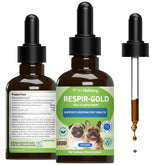Pet Wellbeing Respir-Gold bottle front supports respiratory comfort for dogs.