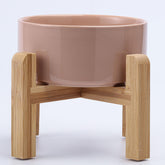 Petygooing khaki elevated bowl on wood stand, front view for small pets.
