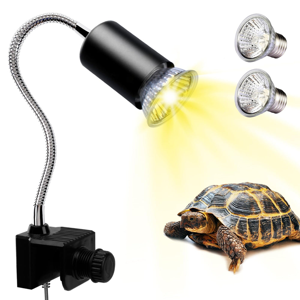 PewinGo reptile heat lamp with two 50W bulbs heating the basking area