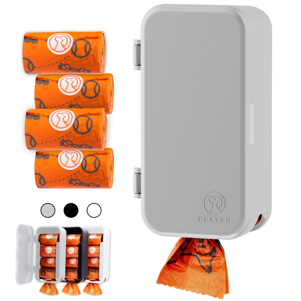 PEXTER dog poop bag dispenser front view in gray for easy access to bags