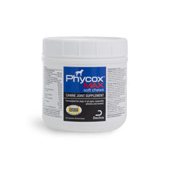 Phycox MAX dog joint soft chews bottle label highlights advanced joint support.
