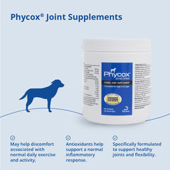 PhyCox omega-3 rich formula label, supports healthy skin and coat shine.
