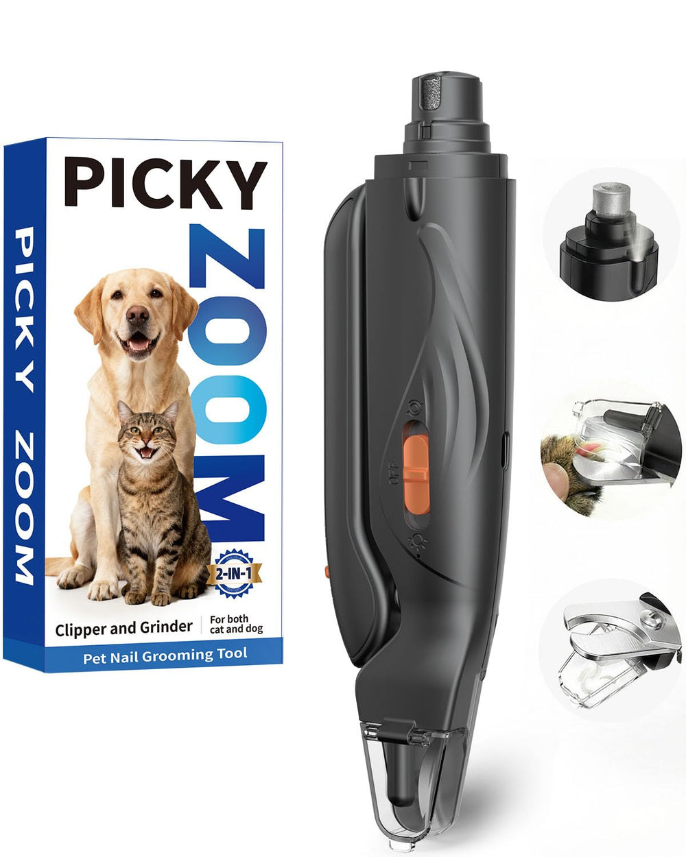 Picky Zoom 2-in-1 nail clippers and grinder shown for precise trimming.
