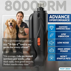 Picky Zoom quiet dog nail grinder in use to reduce stress.